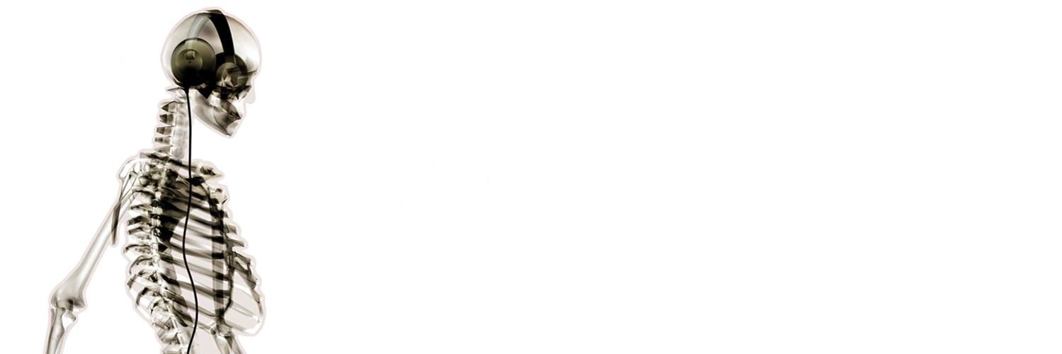 Skeleton wearing headphones